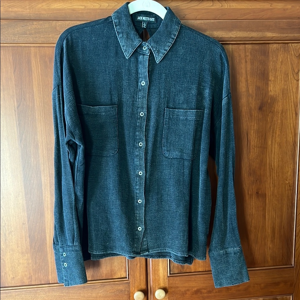 Black Button Down Shirt with Dress Shirt Collar and Boxy Fit